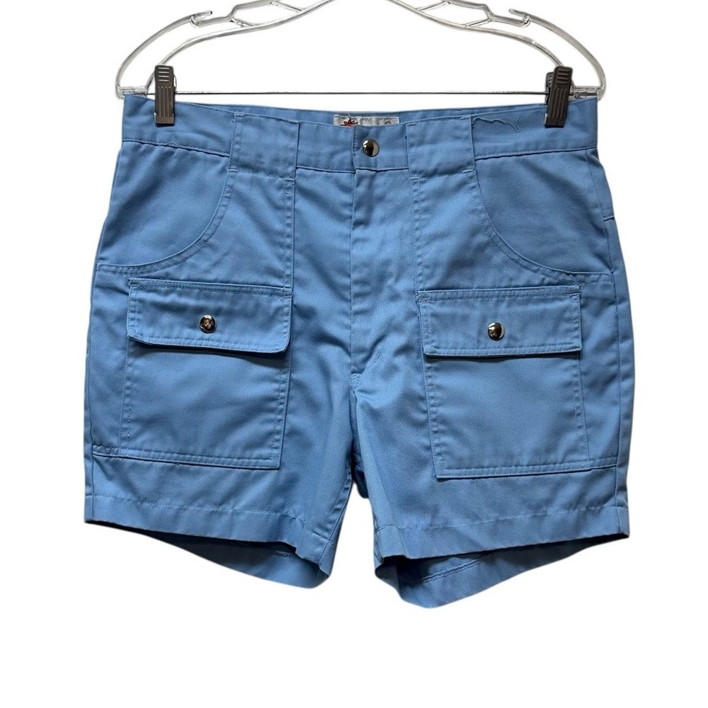 VINTAGE Summer Camp Shorts Blue Canvas Cargo Pockets Outdoors Retro Size 30"